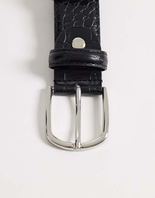 ASOS DESIGN - Ceinture fine en similicuir effet croco texturé avec boucle ronde argentée - Noir, 3 de 3