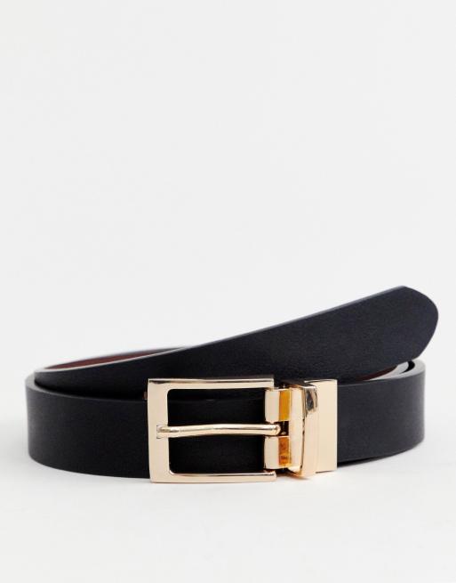 ASOS DESIGN - Ceinture fine réversible en imitation cuir avec boucle dorée - Noir et marron