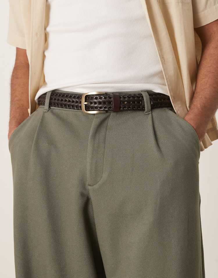 ASOS DESIGN - Ceinture habillée tressée en cuir - Marron foncé