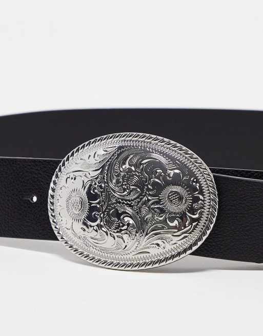 ASOS DESIGN Ceinture large en similicuir textur avec boucle oversize style western Noir