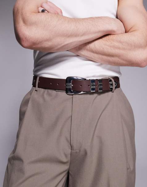 ASOS DESIGN - Ceinture style western en similicuir à clous et surpiqûres - Marron - view 1