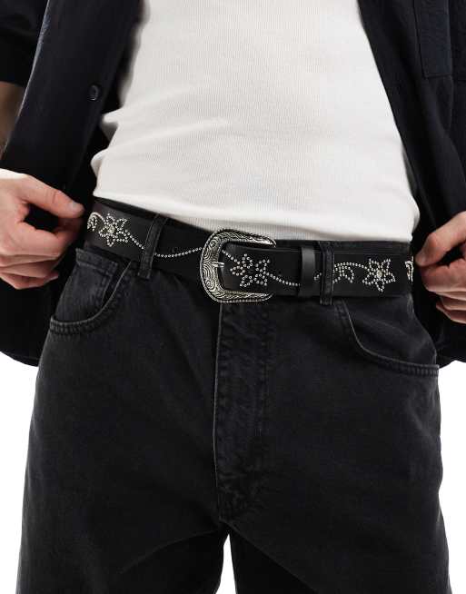 ASOS DESIGN - Ceinture style western en similicuir avec fleurs à clous et strass - Noir