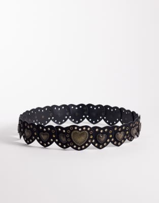 Ceinture taille et hanches imitation daim avec disques en caur et détails cloutés - Noir S-M