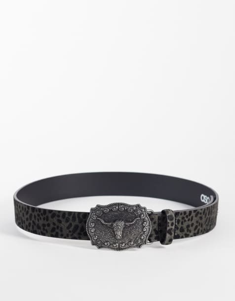 ASOS DESIGN - Ceinture western en vachette à imprimé léopard avec boucle tête de bélier argentée - Neutre - view 1