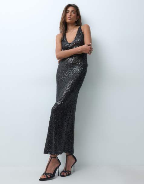 ASOS DESIGN cekinowa sukienka maxi z głębokim dekoltem w łódkę w kolorze fioletowym - view 1