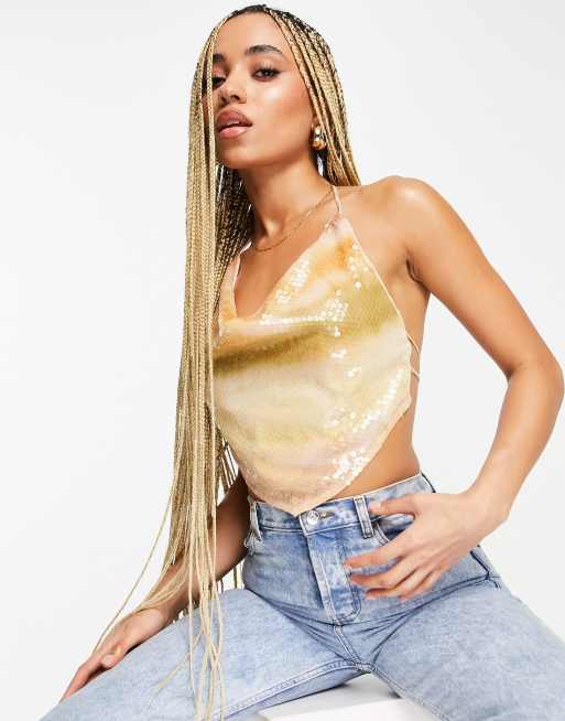 ASOS DESIGN – Cekinowy brzoskwiniowy top na ramiączkach z drapowanym dekoltem i sznurowanym tyłem z efektem ombre
