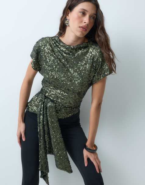 ASOS DESIGN cekinowy drapowany top z golfem w kolorze oliwkowym - view 1
