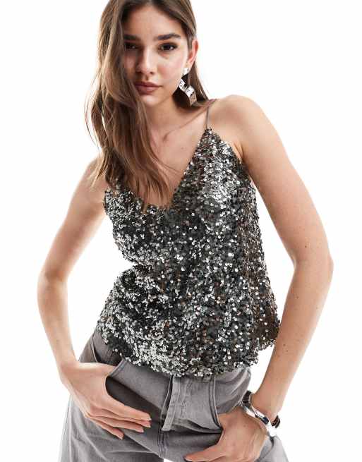 ASOS DESIGN – Cekinowy top na ramiączkach w stalowoszarym kolorze
