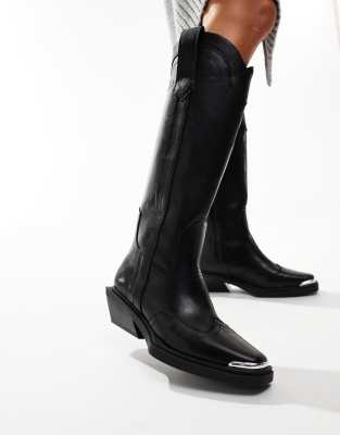 ASOS DESIGN - Celeste - Flache, kniehohe Stiefel im Western-Stil in Schwarz