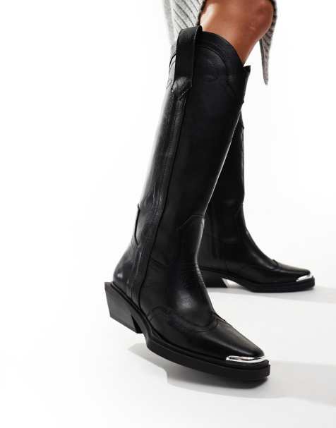ASOS DESIGN – Celeste – Flache, kniehohe Stiefel im Western-Stil in Schwarz - view 1