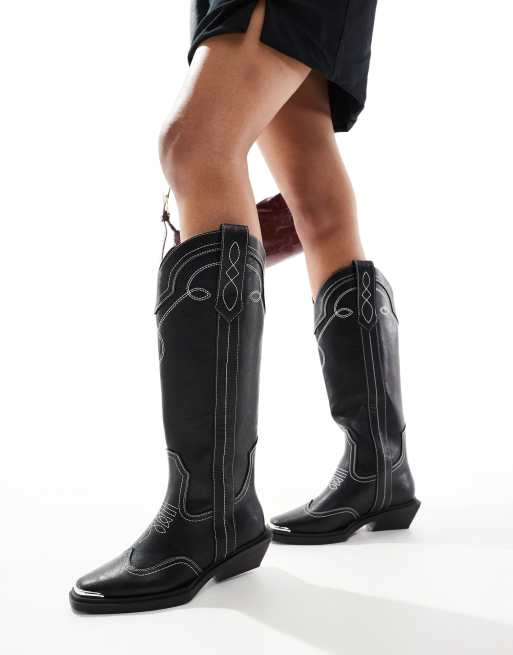 ASOS DESIGN Celeste flat western knee boots in black with stitching, 3 of 4
