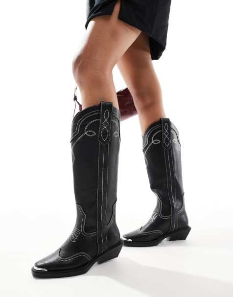 ASOS DESIGN Celeste - Platte western knielaarzen met brede pasvorm en stiksels in zwart - view 1