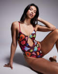 [ASOS DESIGN] ASOS DESIGN Celeste ring detail swimsuit in vacation print-Multi 10 Multi