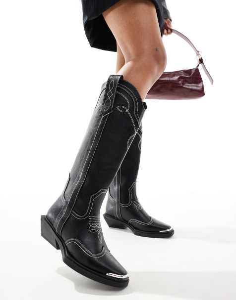 ASOS DESIGN - Celeste - Stivali bassi al ginocchio neri stile western con cuciture - view 1