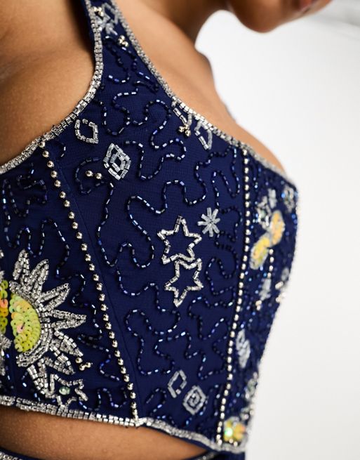 Caia Embellished Corset Crop Top in Blue