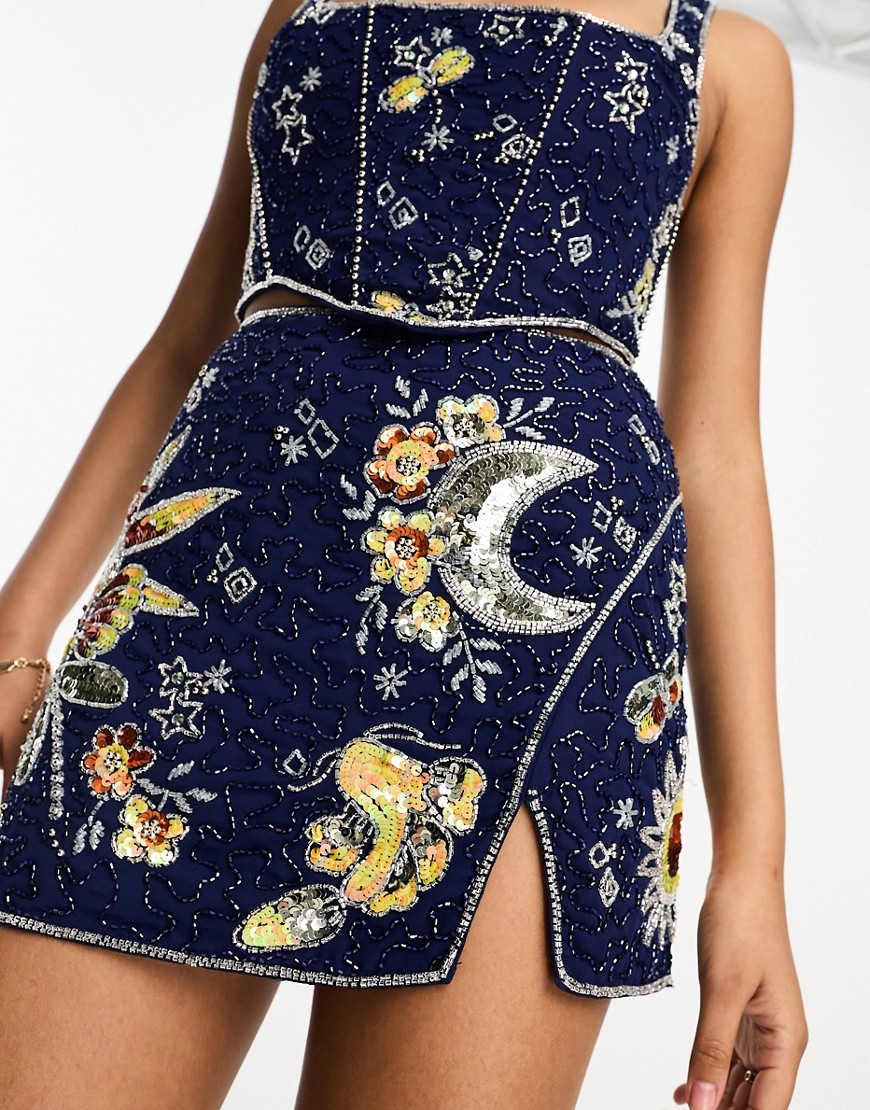ASOS DESIGN celestial motif embellished mini skirt co-ord in blue