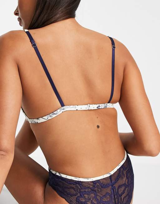 ASOS DESIGN celestial print satin triangle bra in cream & blue, 2 of 4