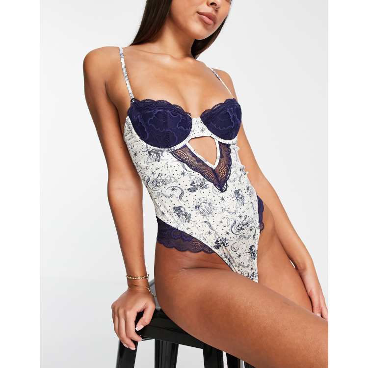 ASOS DESIGN celestial print satin triangle bra in cream & blue