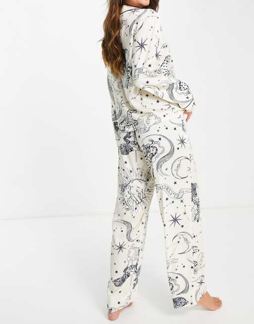 ASOS DESIGN celestial print shirt and pants pajama set in cream & blue