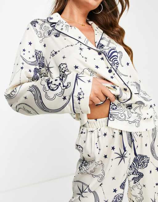 ASOS DESIGN celestial print shirt and pants pajama set in cream & blue