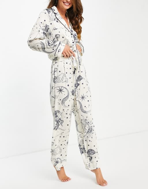 ASOS DESIGN linen floral shirt & short pajama set with frill in cream & blue