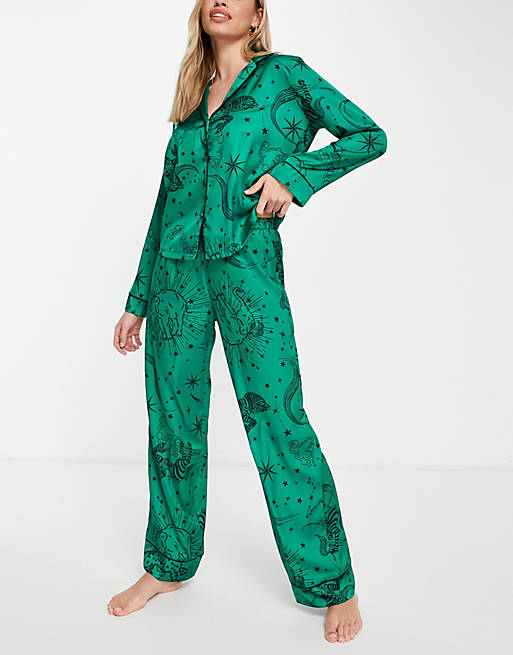 ASOS DESIGN celestial print shirt & pant pajama set in green