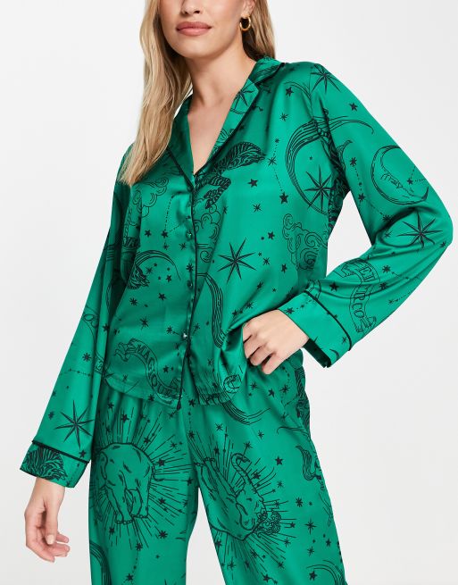 ASOS Design Tall Satin Shirt & Pants Pajama Set with Contrast Piping in Emerald Green