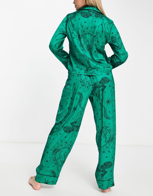 ASOS DESIGN celestial print shirt & trouser pyjama set in green