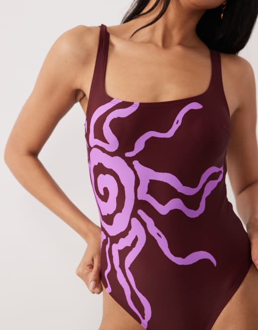 ASOS DESIGN Celestie square neck low back swimsuit with pink sun motif in damson, 3 of 4
