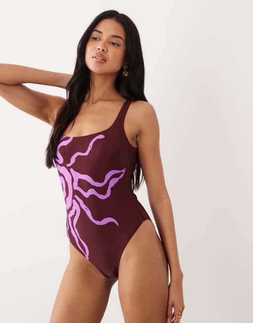 ASOS DESIGN Celestie square neck low back swimsuit with pink sun motif in damson, 4 of 4