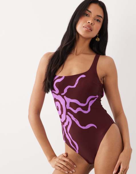 ASOS DESIGN Celestie square neck low back swimsuit with pink sun motif in plum - view 1