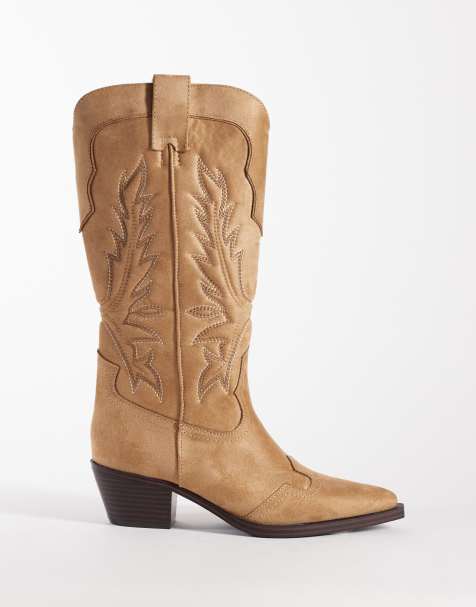 ASOS DESIGN Celestine flat cowboy knee boots in taupe suedette - view 1
