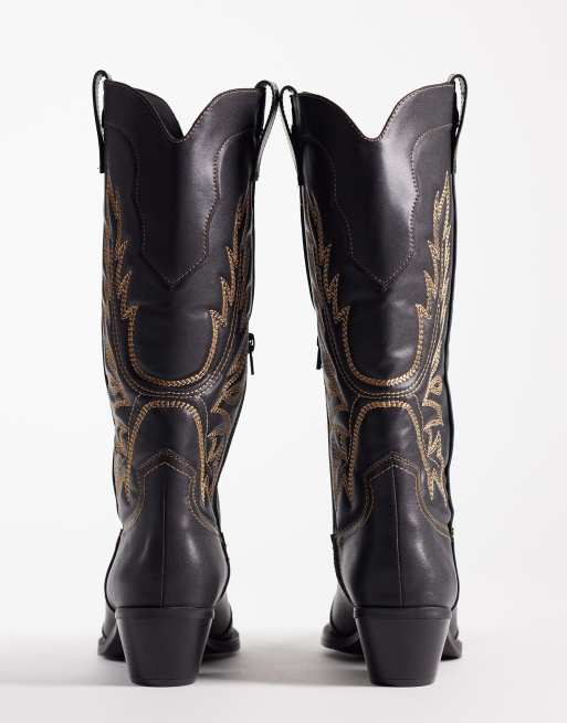 ASOS DESIGN – Celestine – Svarta, knähöga boots i cowboystil med platt sula, 3 av 4