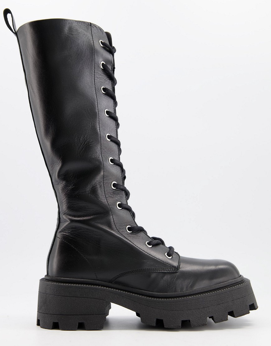 ASOS DESIGN Celina leather square toe lace up knee boots in black