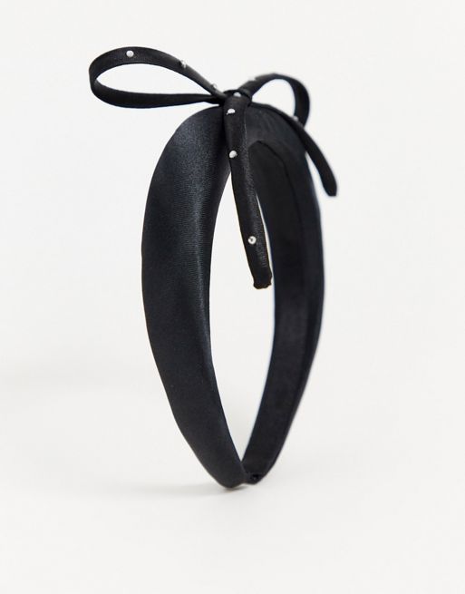 ASOS DESIGN - Cerchietto in raso nero con fiocco decorato con strass