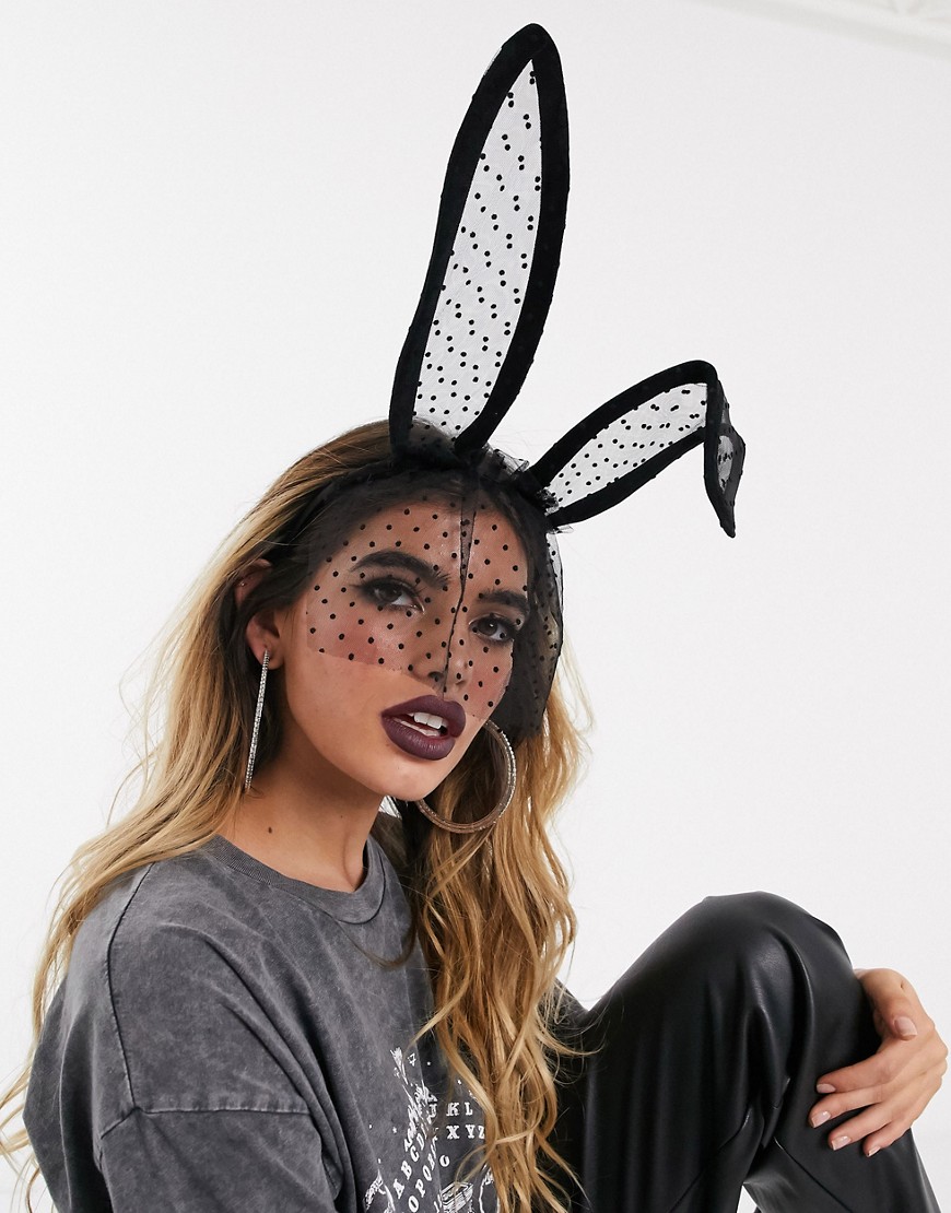 ASOS DESIGN - Cerchietto per Halloween con orecchie da coniglio e velo a pois-Nero