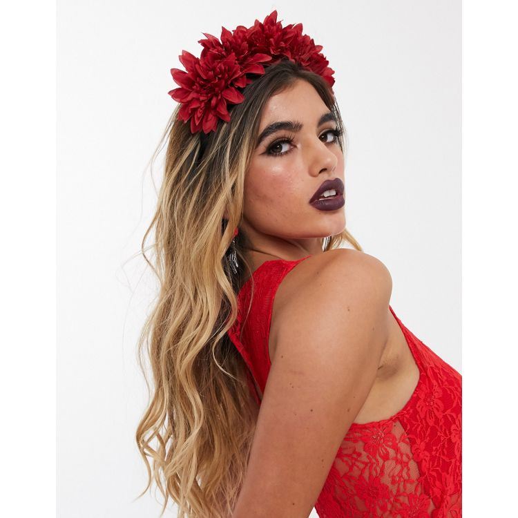 ASOS DESIGN - Cerchietto rosso per Halloween con ghirlanda di fiori oversize