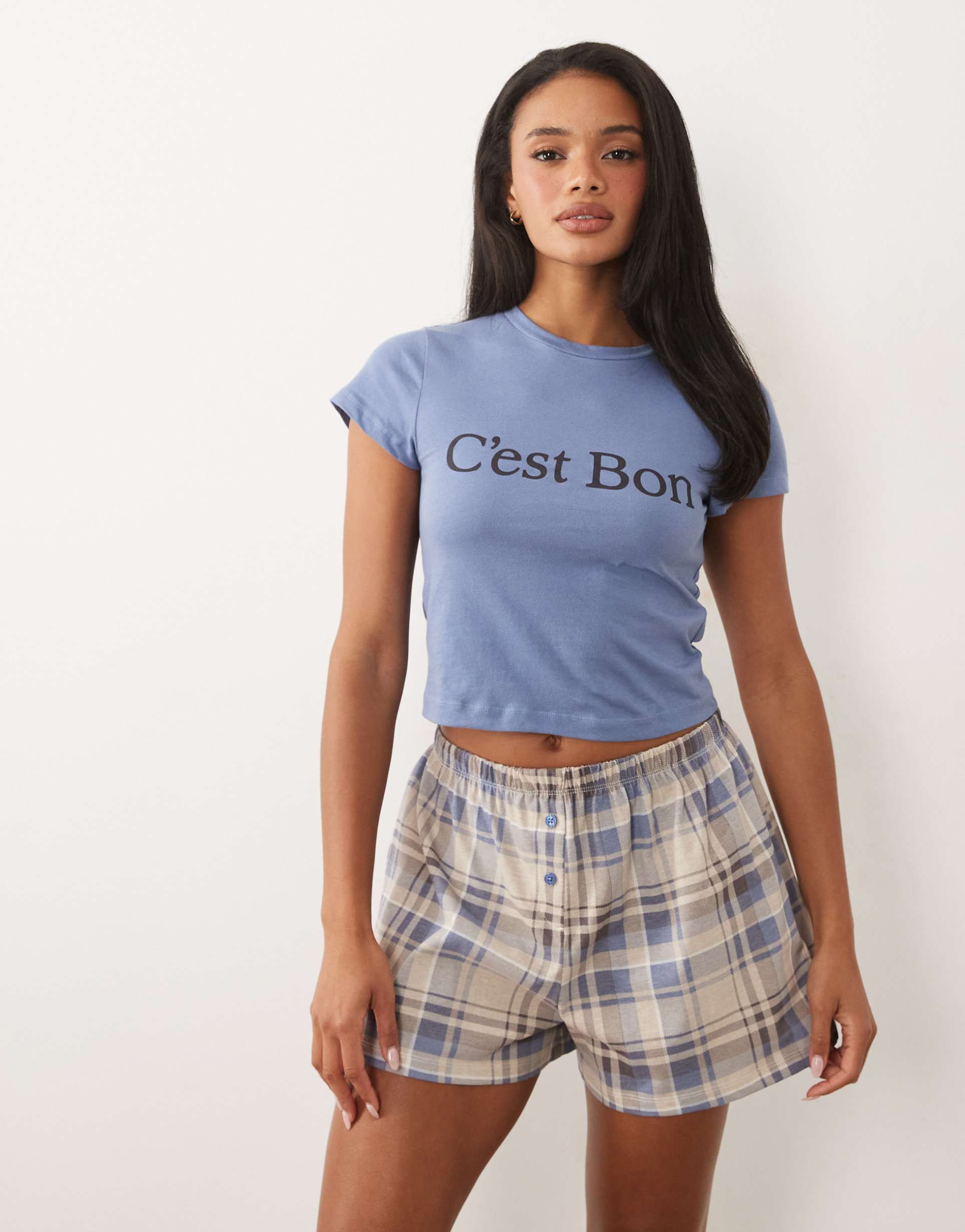 asos design c'est bon baby tee & gingham pajama shorts set