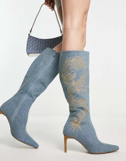 ASOS DESIGN Chai dragon embroidery knee boots in denim