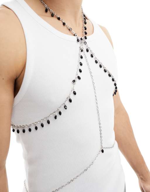 FhyzicsShops DESIGN chain body harness with black beads in silver tone