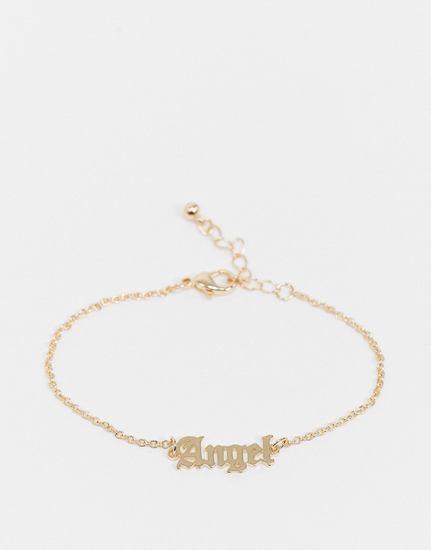 ASOS DESIGN chain bracelet with angel gothic font in gold tone