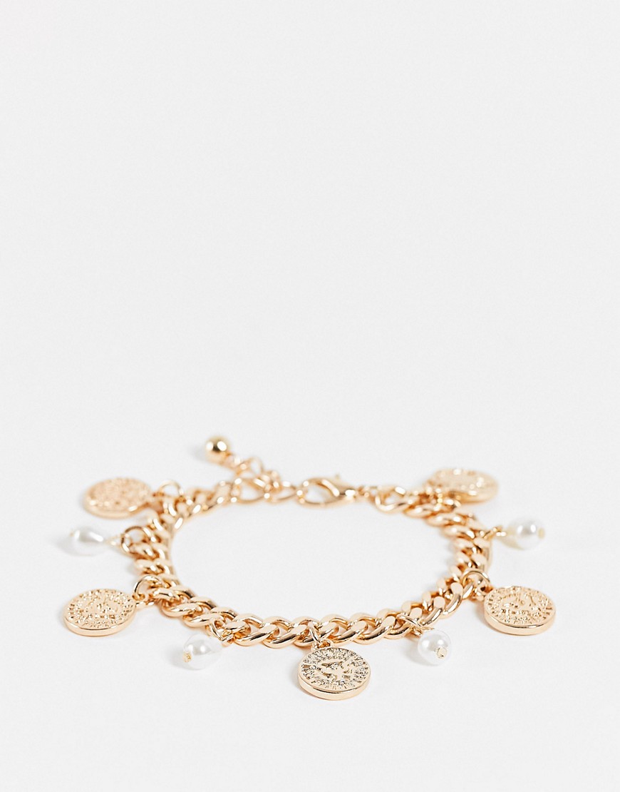ASOS DESIGN chain bracelet with coin charms and pearl in gold tone