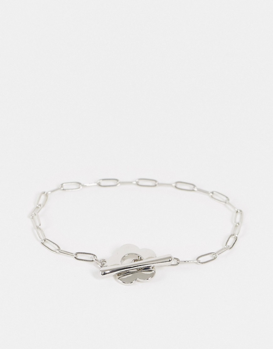 ASOS DESIGN chain bracelet with flower tbar in silver tone