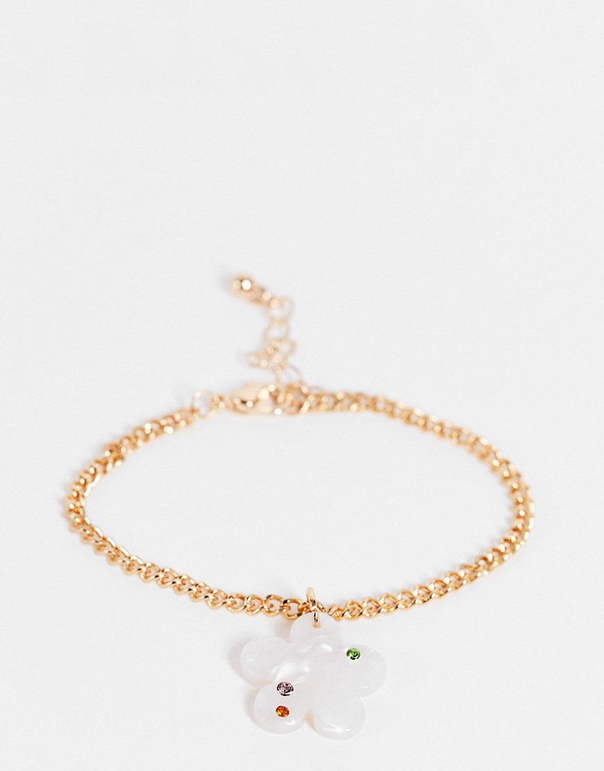ASOS DESIGN chain bracelet with hot fix crystal flower in gold tone