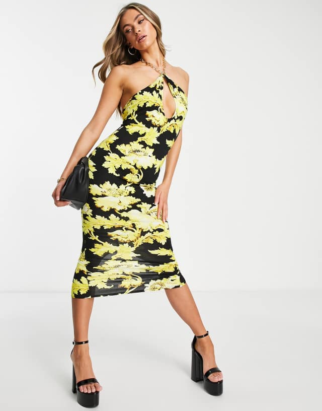 ASOS DESIGN chain halter midi dress in black and gold floral print