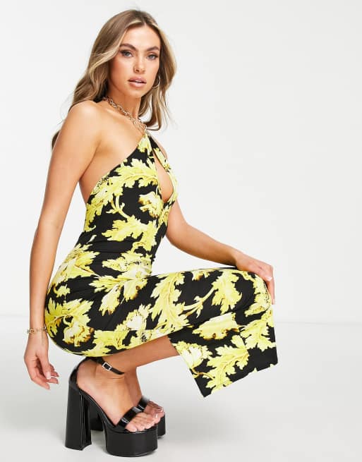 ASOS DESIGN chain halter midi dress in black and gold floral print