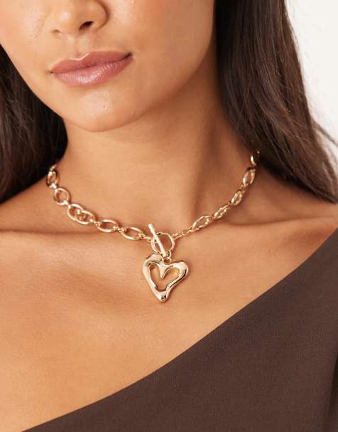 ASOS DESIGN chain link t-bar gold necklace with heart pendant - view 1