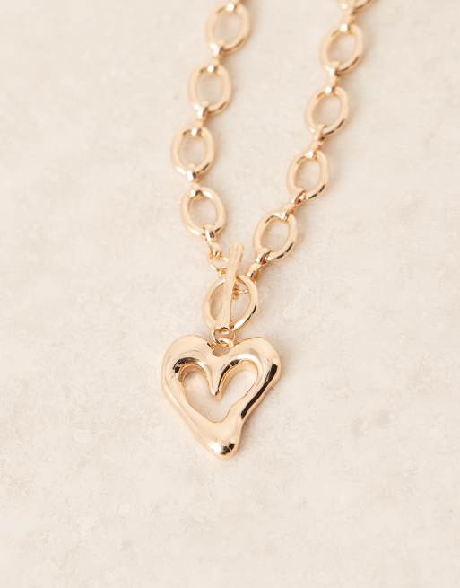 ASOS DESIGN chain link t-bar gold necklace with heart pendant, 2 of 3