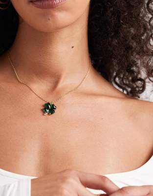 Asos Design Chain Necklace With Cubic Zirconia Clover Pendant In Green