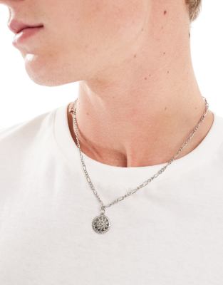 Asos Design Chain Necklace With Round Sun Design Pendant In Silver Tone